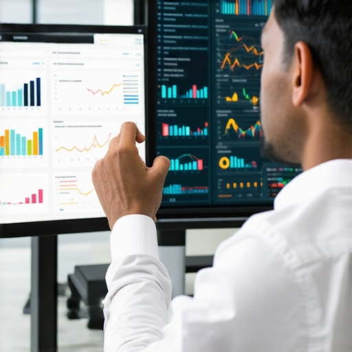 Financial advisor using AI dashboard to optimize tax planning in a modern office