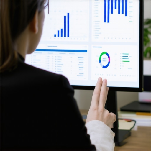 Accountant analyzing AI-powered financial reconciliation dashboard in an office.