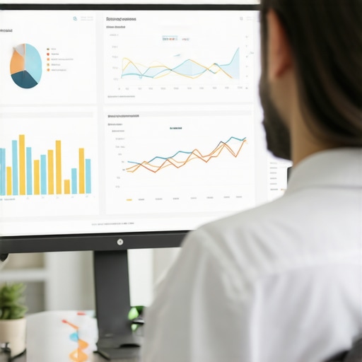 Accountant analyzing AI-powered financial reconciliation dashboard in an office.
