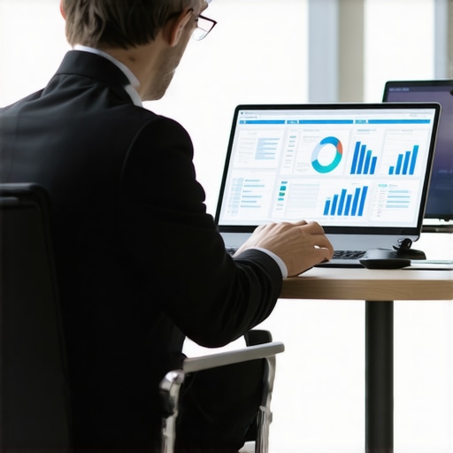 Accountant utilizing AI and cloud-based bookkeeping software in a modern office