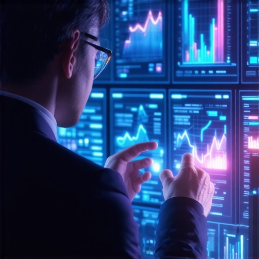 Businessman using holographic screens to analyze tax data