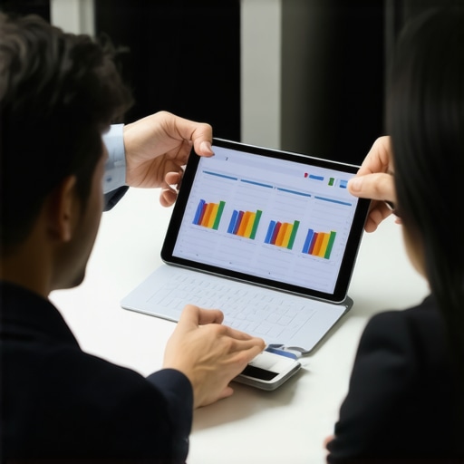 CPA consulting with a business owner using digital devices in an office