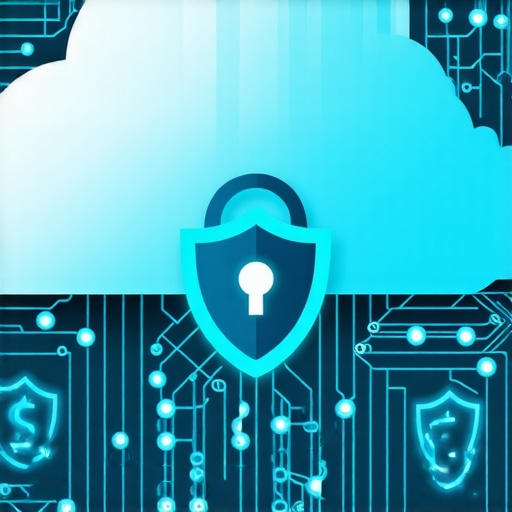 Illustration of cloud security measures protecting financial data with encryption and shield symbols.
