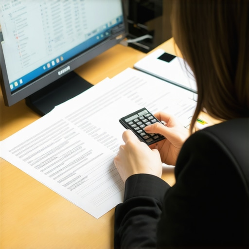Accountant working on tax documents with digital tools.