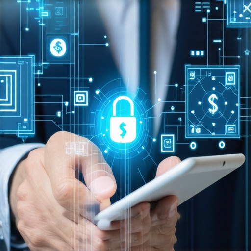 Business professional analyzing financial data on tablet with security icons in modern office