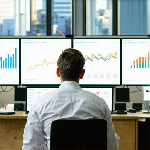 Accountant analyzing financial data on multiple screens with analytics dashboards