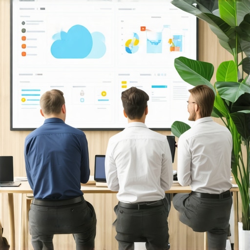 Illustration of AI analytics dashboard, cloud technology, and financial advisors collaborating