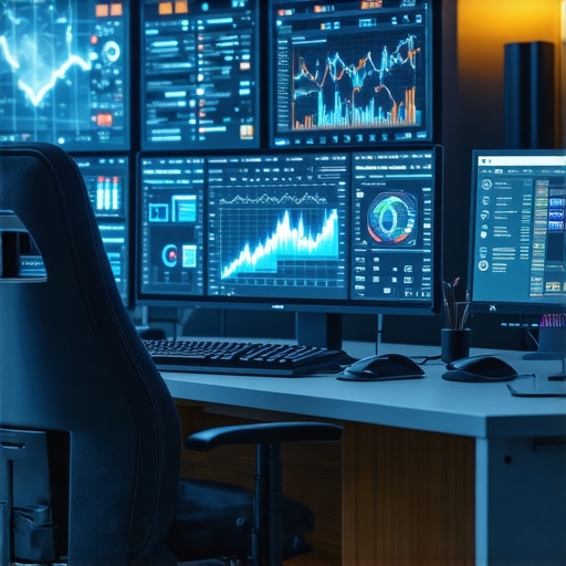 A high-tech workspace showing AI analytics and blockchain technology for sophisticated tax planning