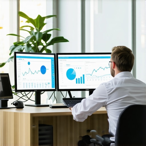 Small business owner reviewing financial dashboards and analytics tools in a modern office setting
