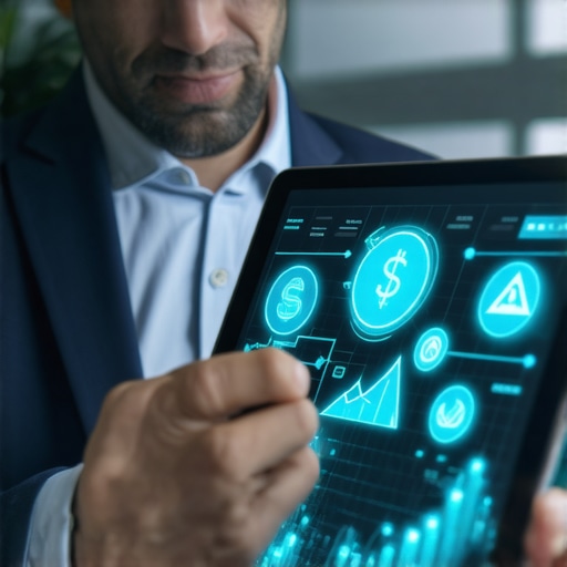 Business owner reviewing financial dashboards on tablet with growth icons