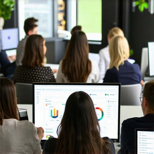 Business team in a virtual QuickBooks training, financial dashboards displayed.