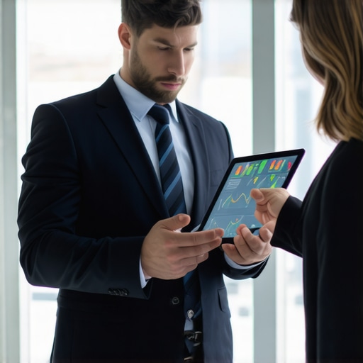 Business team discussing financial data on tablets in office