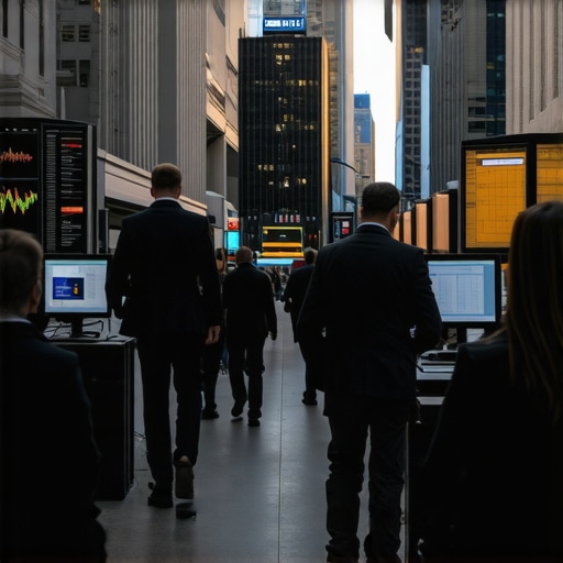 Financial District with Digital Tax Data Modern financial district with screens showing tax statistics and entrepreneurs working.