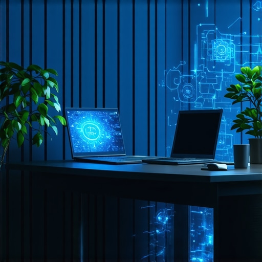 Illustration of futuristic office with AI, blockchain, and digital tools for tax management