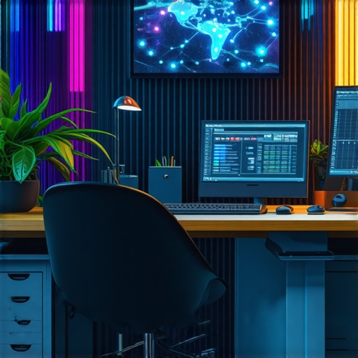 Futuristic office with AI, blockchain, and digital finance tools for small business