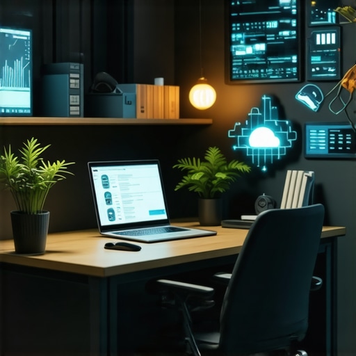 Illustration of a modern small business office with AI and cloud-based financial tools