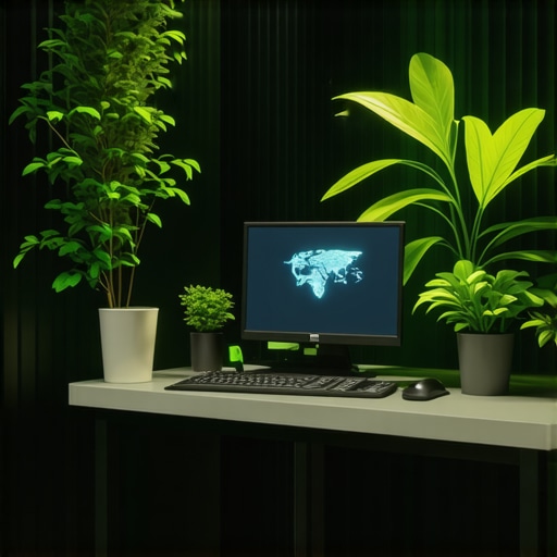 A modern office setting with AI technology and green elements indicating future small business growth