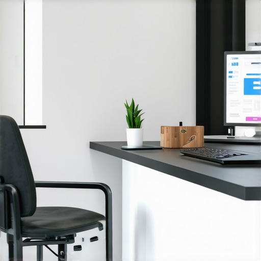 Illustration of a small business office with AI and blockchain symbols representing future tax technology