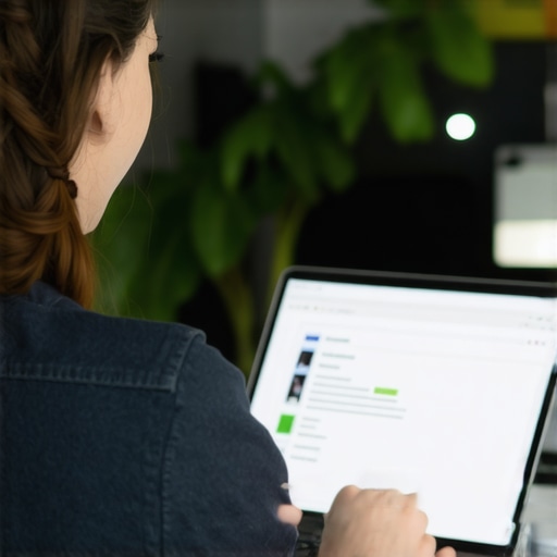 Business owner using QuickBooks with support chat in a modern office