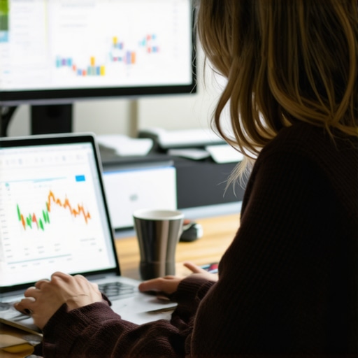 Business owner working on digital bookkeeping with financial data on screen